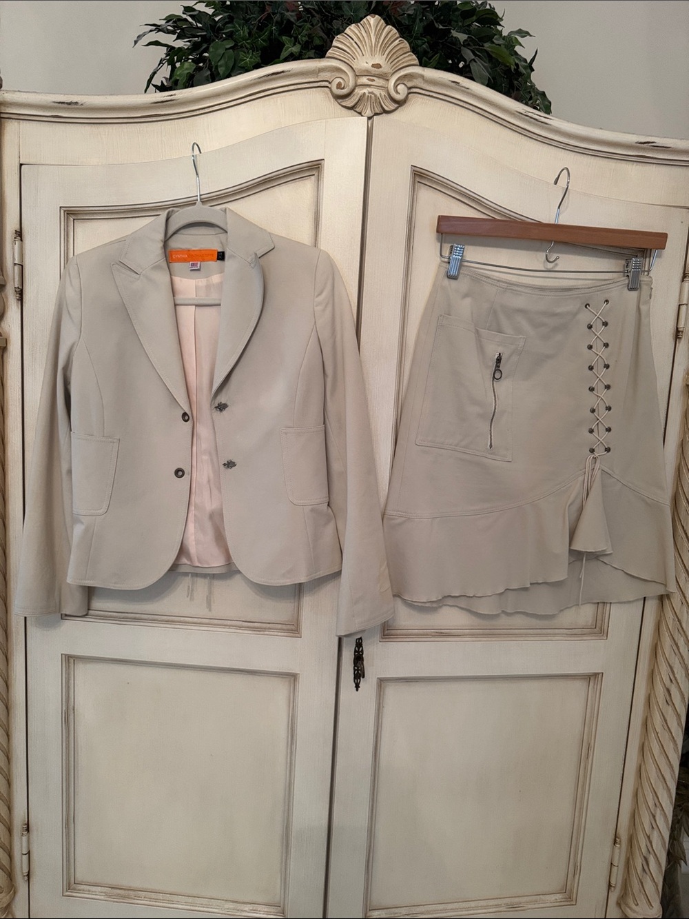 Cynthia Steffe Light Beige Tailored Blazer and Lace-Up Skirt Set